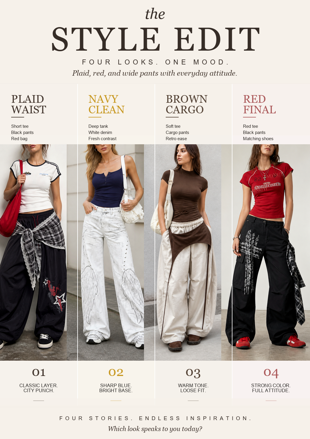 Red, Plaid, and Wide-Leg Pants for an Easy Street-Style Day